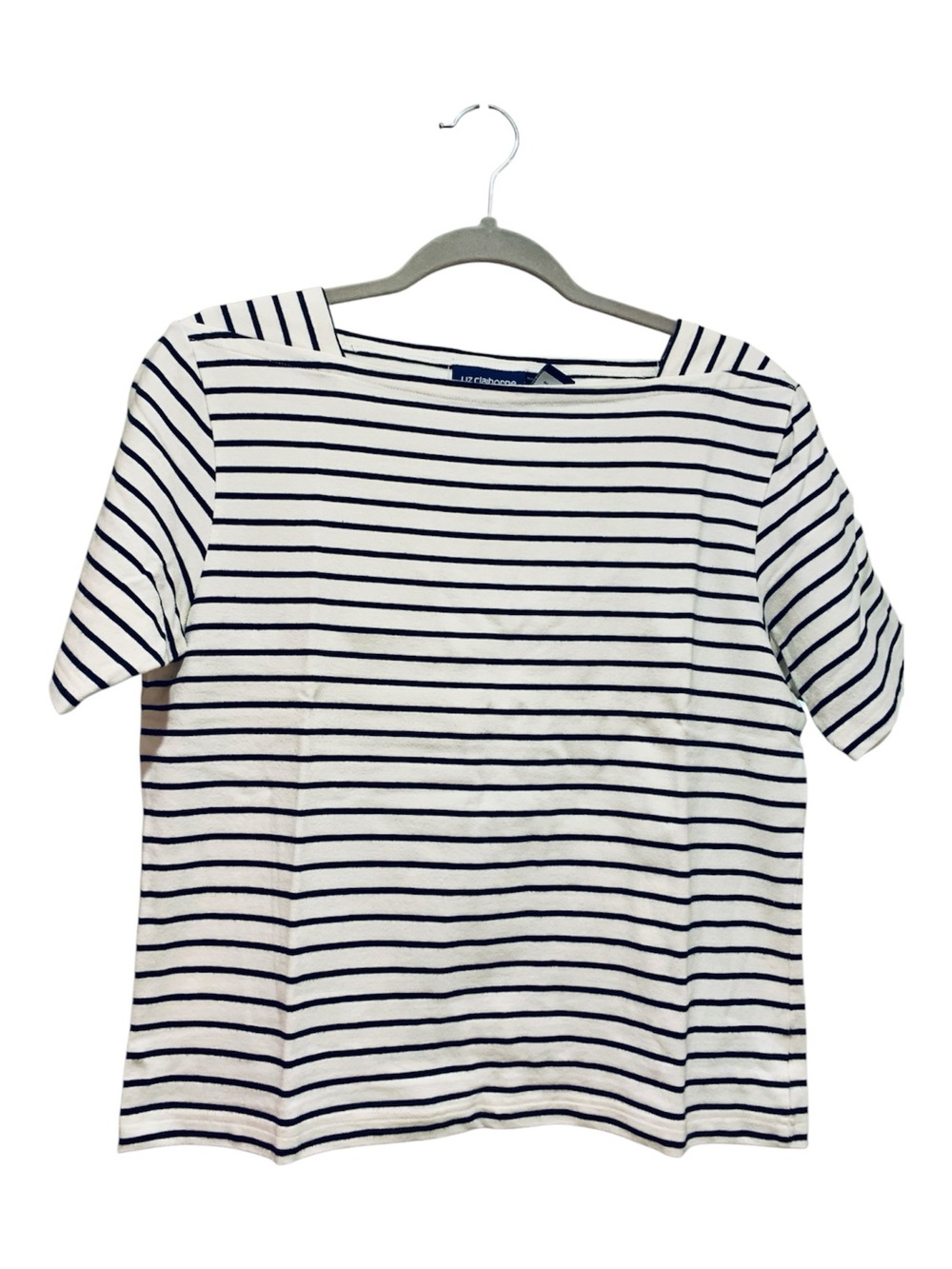 Liz Claiborne Navy & White Striped Boatneck Short Sleeve Tee, Large